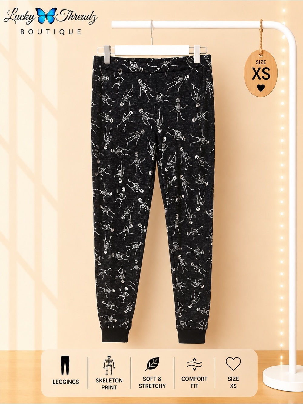 Halloween Skeleton Print Leggings Joggers Black White Spooky Season Womens XS⁠